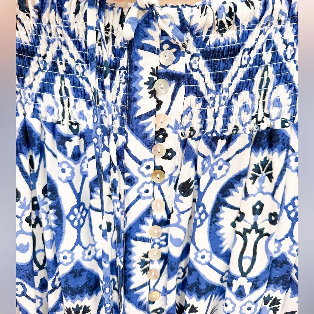 Haute Hippie Blue White Boho Maxi Skirt with Front Slit and Buttons Ties Tassels